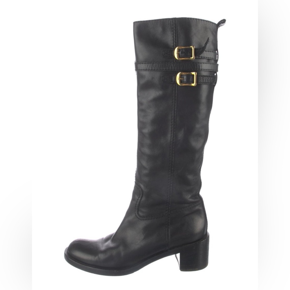 Gucci Black Leather Heeled Boots with Gold Buckles